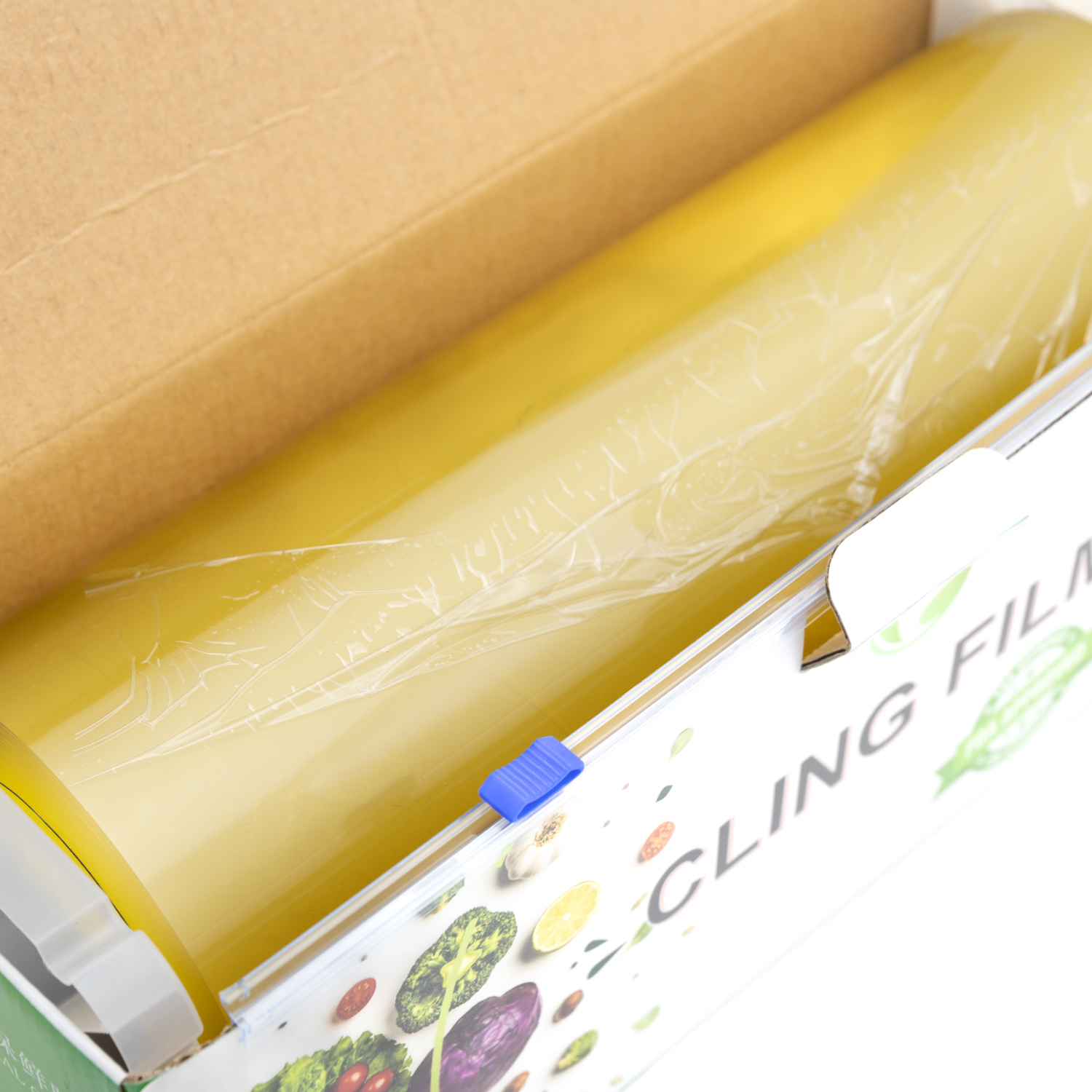 Pellicola trasparente in PVC alimentare di dimensioni personalizzabili. Scatola colorata con stampa e taglierina scorrevole