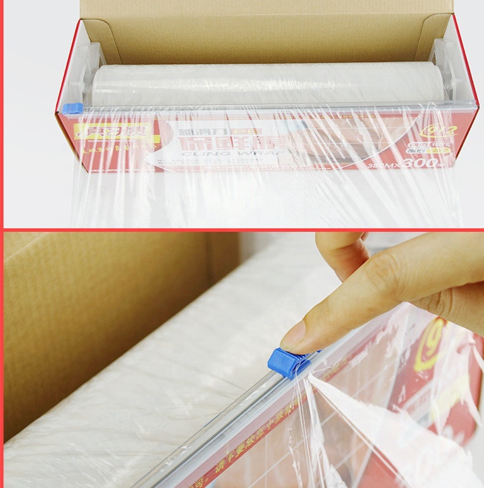 Pellicola trasparente in PVC alimentare di dimensioni personalizzabili. Scatola colorata con stampa e taglierina scorrevole